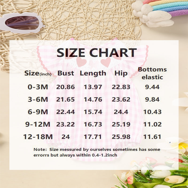 US Local Baby Girl's Short Sleeve Checkered Romper Heart Embroidery & Ruffle Detail With Back Cut-Out And Snap Closure