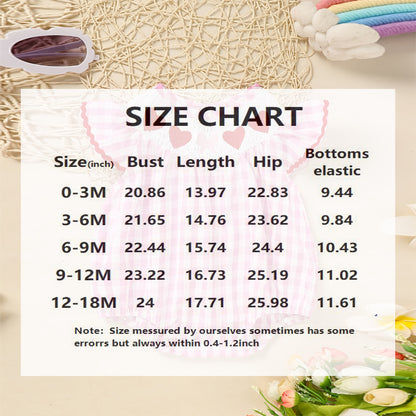 US Local Baby Girl's Short Sleeve Checkered Romper Heart Embroidery & Ruffle Detail With Back Cut-Out And Snap Closure