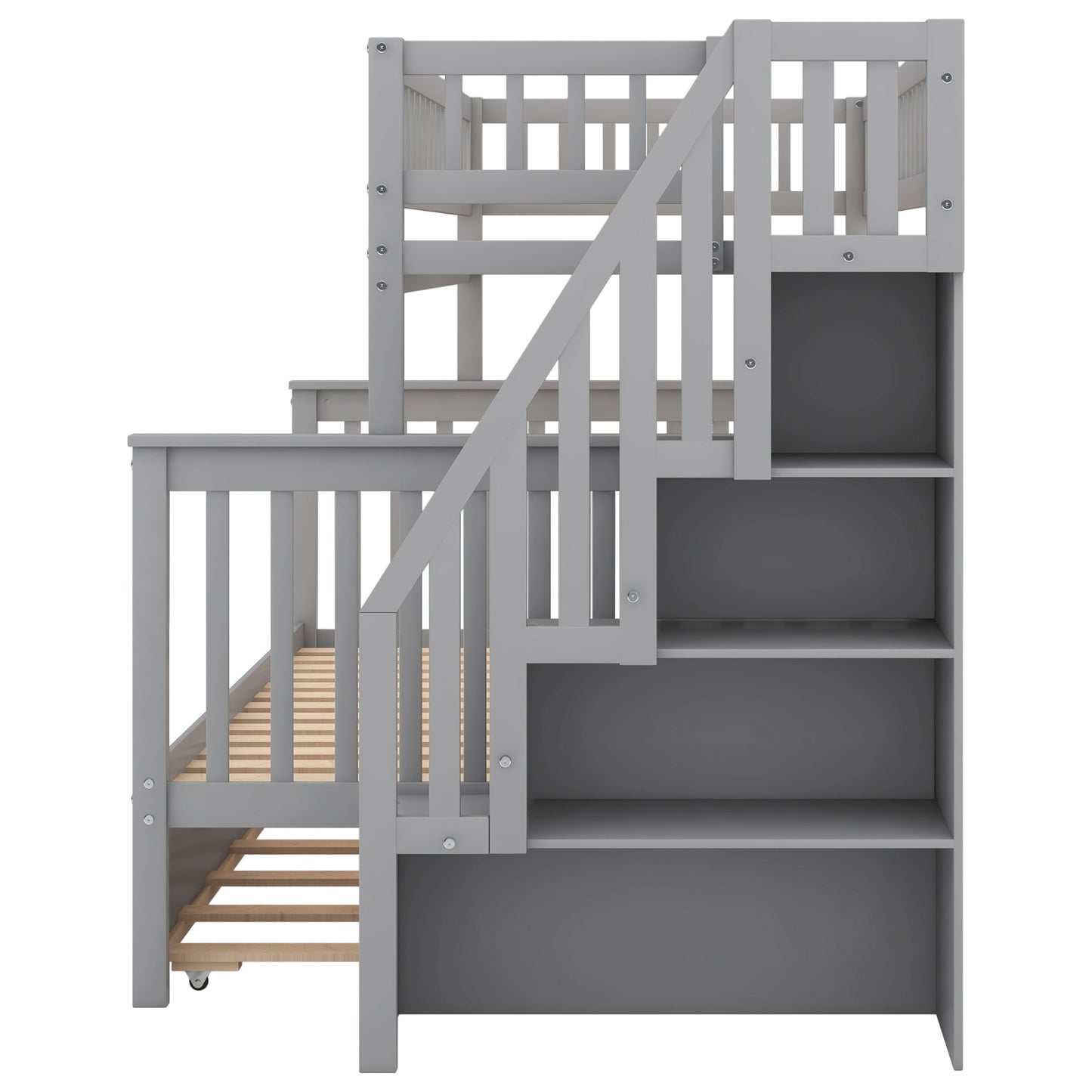 US Local Twin Over Full Bunk Bed With Trundle And Staircase,Gray