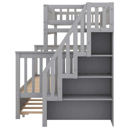 US Local Twin Over Full Bunk Bed With Trundle And Staircase,Gray