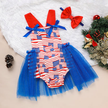 US Local Baby's Independence Day Style Flag Pattern Triangle Bodysuit, Casual Sleeveless Bowknot Romper
