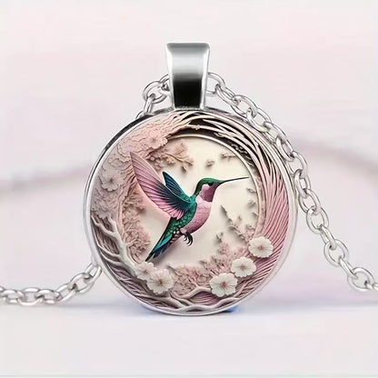 Retro Creative Hummingbird And Flower Flower Pattern Round Necklace