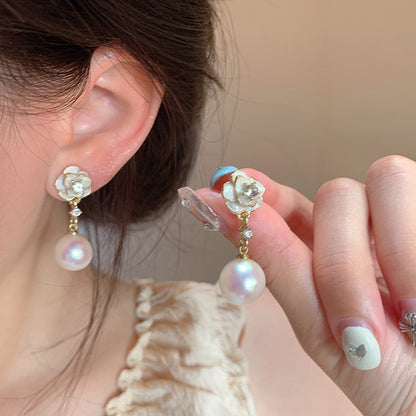 Camellia Pearl Flower Stud Earrings For Women