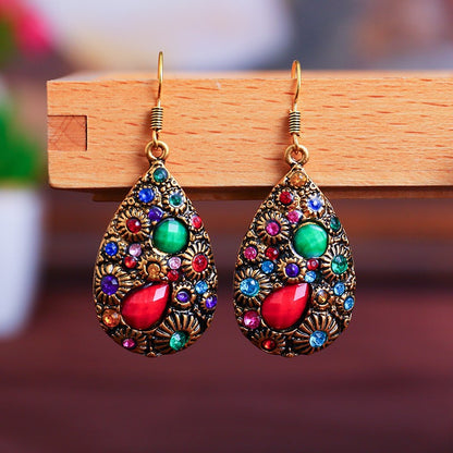 Water Drop Gem Diamond Ancient Ethnic Style Earrings Female Blue Black