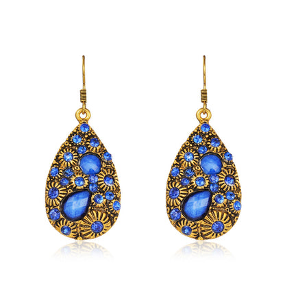Water Drop Gem Diamond Ancient Ethnic Style Earrings Female Blue Black