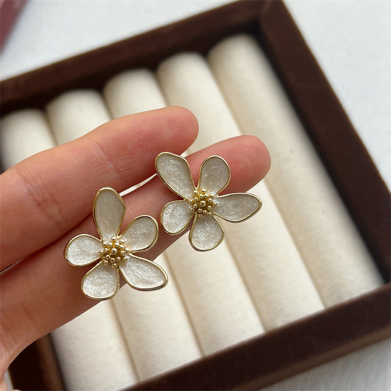 White Drop Oil Petal Earrings For Women