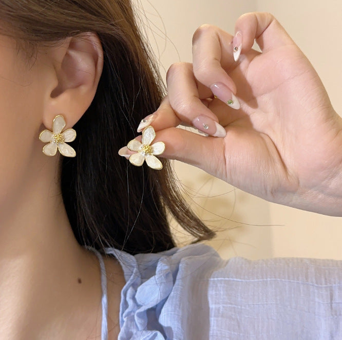 White Drop Oil Petal Earrings For Women