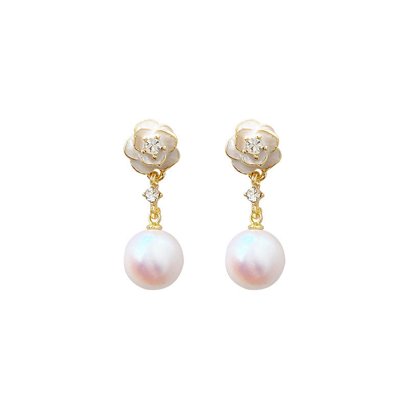 Camellia Pearl Flower Stud Earrings For Women