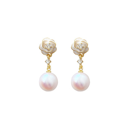 Camellia Pearl Flower Stud Earrings For Women