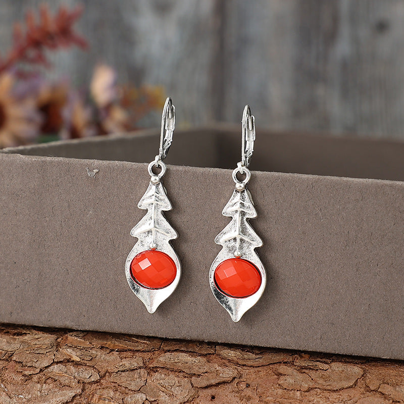 Fashion Bohemian Triangle Inlaid Ruby Vintage Earrings