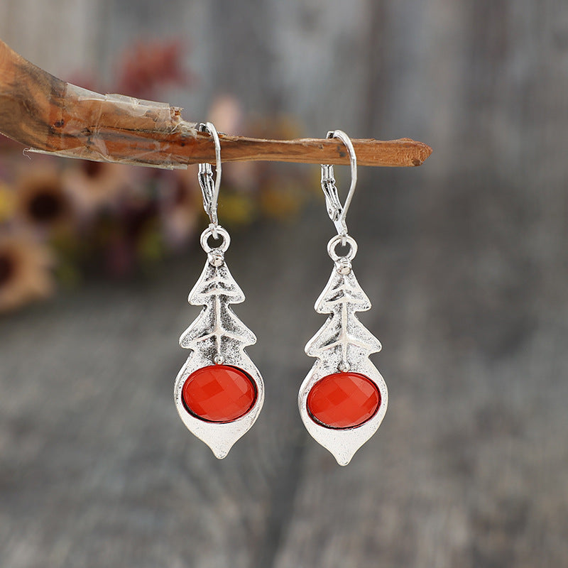 Fashion Bohemian Triangle Inlaid Ruby Vintage Earrings