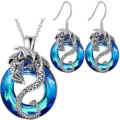 Hollow Crystal Ring Flying Dragon Necklace Earring Set
