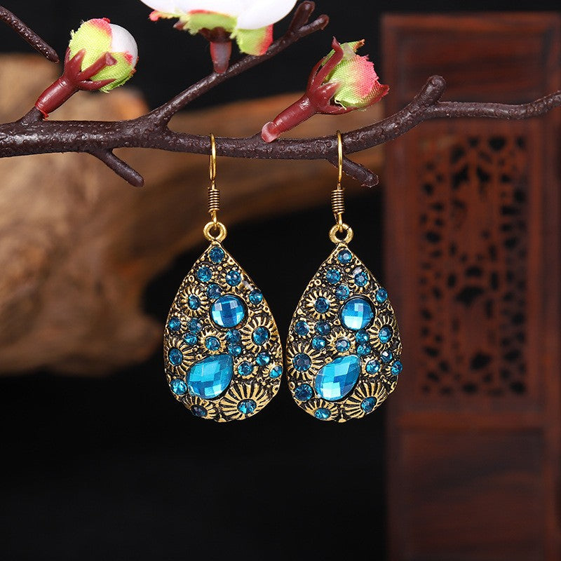 Water Drop Gem Diamond Ancient Ethnic Style Earrings Female Blue Black