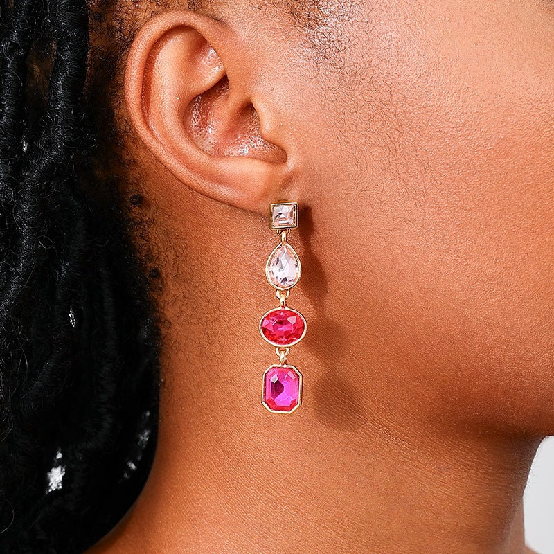 Metal Color Rhinestone Ear Studs Female Geometric Water Drop