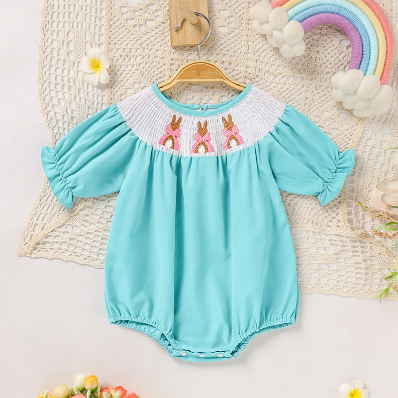 US Local Baby Girl Comforable Bunny Romper Set, Bubble Sleeve Onesie With Bow Rabbit Embroidery