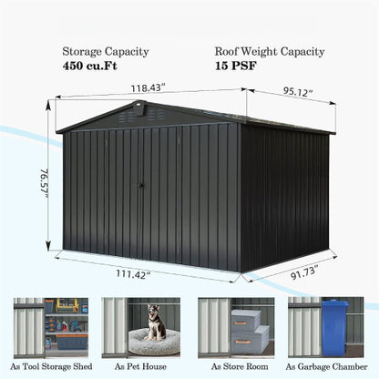 US Local Outdoor Storage Shed 10'x 8, Metal Garden Shed For Bike, Trash Can, Tools, Galvanized Steel Outdoor Storage Cabinet With Lockable Door For Backyard, Patio, Lawn  10x8ft, Dark Gray