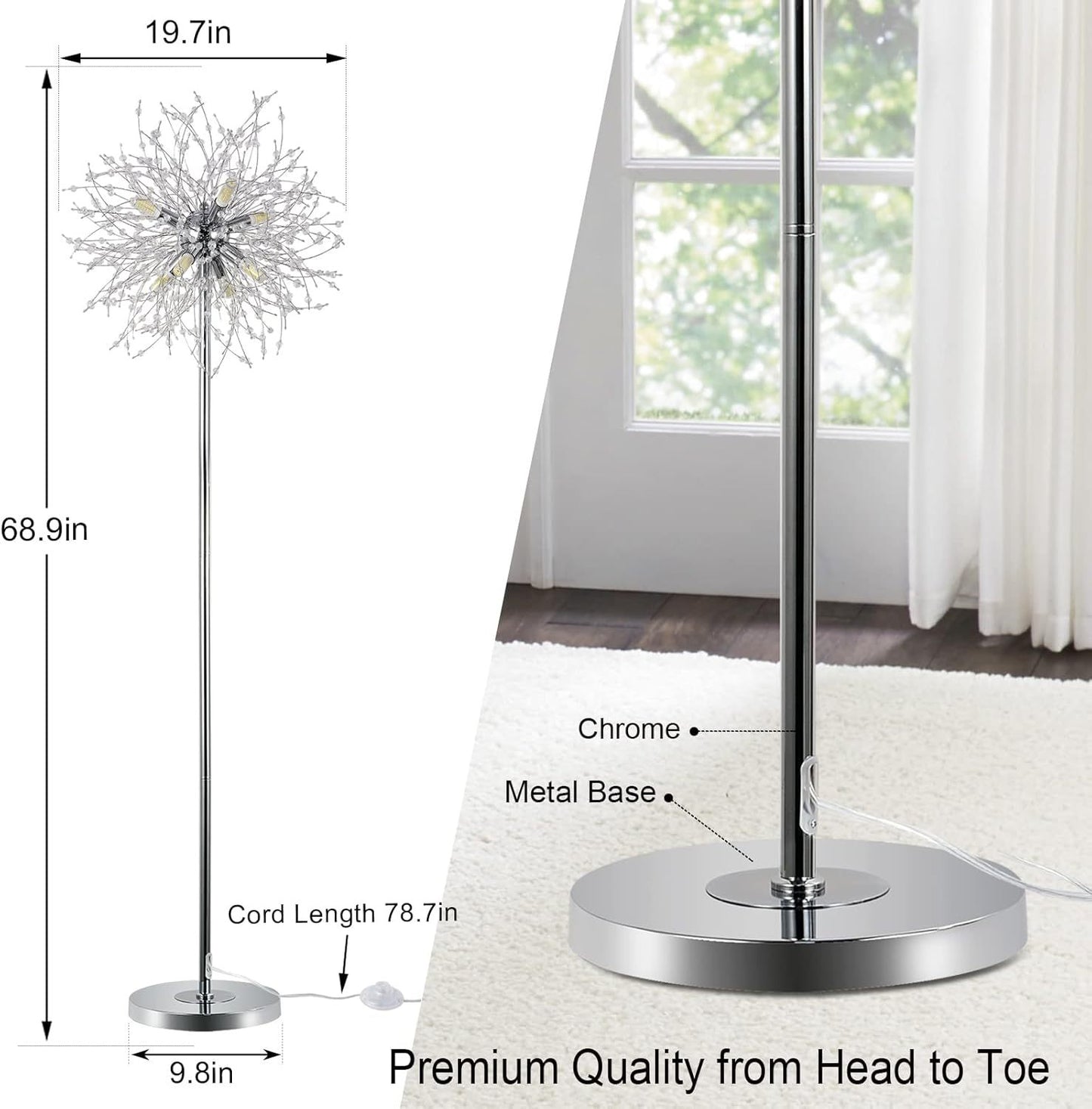 US Local Bedroom Crystal Floor Lamp,,69 Inch High Pole Lamp,Modern Room Decorative Floor Lamp,Includes 32 Fireworks Crystal Suspenders, Chrome Finish Unavailable Platforms- Welfel