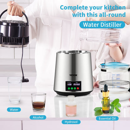 US Local 1.1 Gal Water Distiller, 0.3 Gal H, 750W Distilled Water Maker Machine 0-99H Timing Set Temp Display, 304 Stainless Steel Countertop Distiller Glass Carafe Cleaning Powder 3 Carbon Packs, Silver