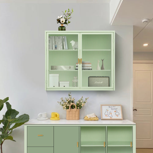 US Local Modern Double Door Wall Cabinet With Glass Door With Three Levels Of Storage For Entrance Living Room, Bathroom, Dining Room, Mint Green