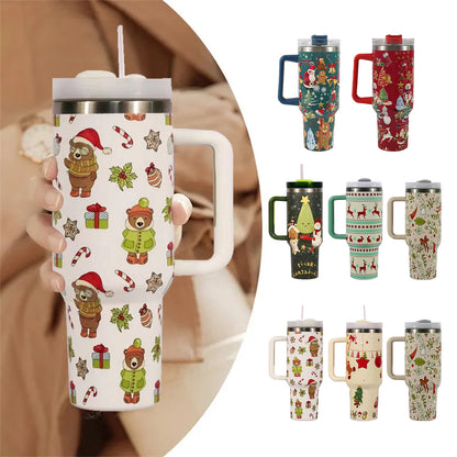 Christmas Pattern Mug With Handle Lid Straw Drinkware Stainless Steel Vacuum Tumbler Large Capacity Car Travel Coffee Cup