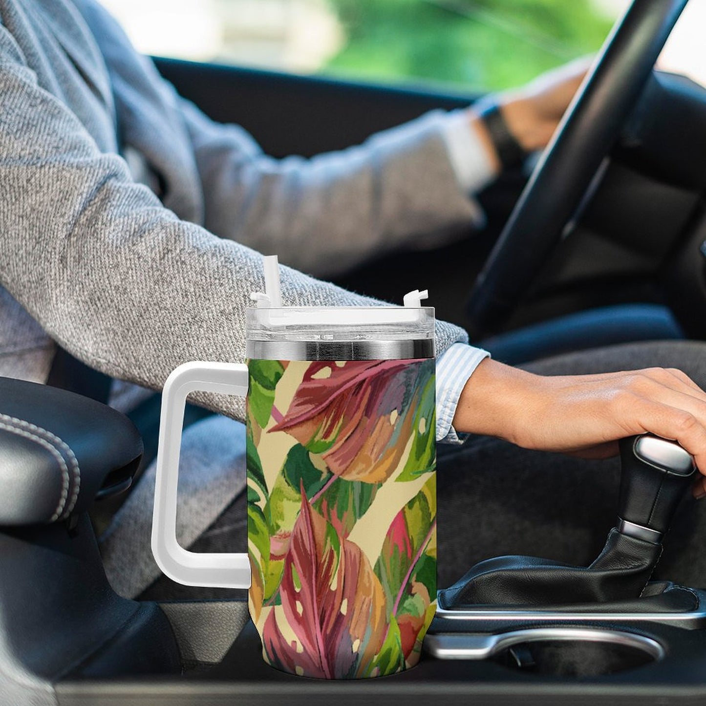 PHDT00140 POD US Local Tumbler 40 oz Large Capacity Car Cup Monstera Pink Green