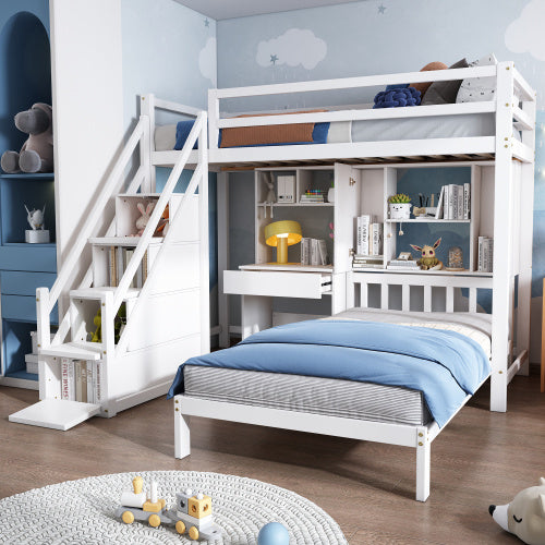 UK Local Wood House Bunk Bed 90x190 Cm,Bunk Bed, Double Bed, Multifunctional Children's Bed, Storage Space Function, With Desk And Shelves, With Slatted Frame, White