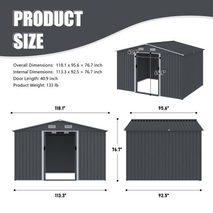 US Local Outdoor Storage Shed 8 X 10 FT Large Metal Tool Sheds  Heavy Duty Storage House With Sliding Doors With Air Vent For Patio Lawn To Store Bikes Tools, Lawnmowers Grey