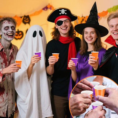 US Local 50 Pcs Mini Disposable Shot Glasses Halloween Plastic Shot Glasses Bulk Orange Purple 2 Oz Party Cups For Wine Whiskey Food Halloween Party Drinking Supplies Trick Or Treat Party Drinking Supplies