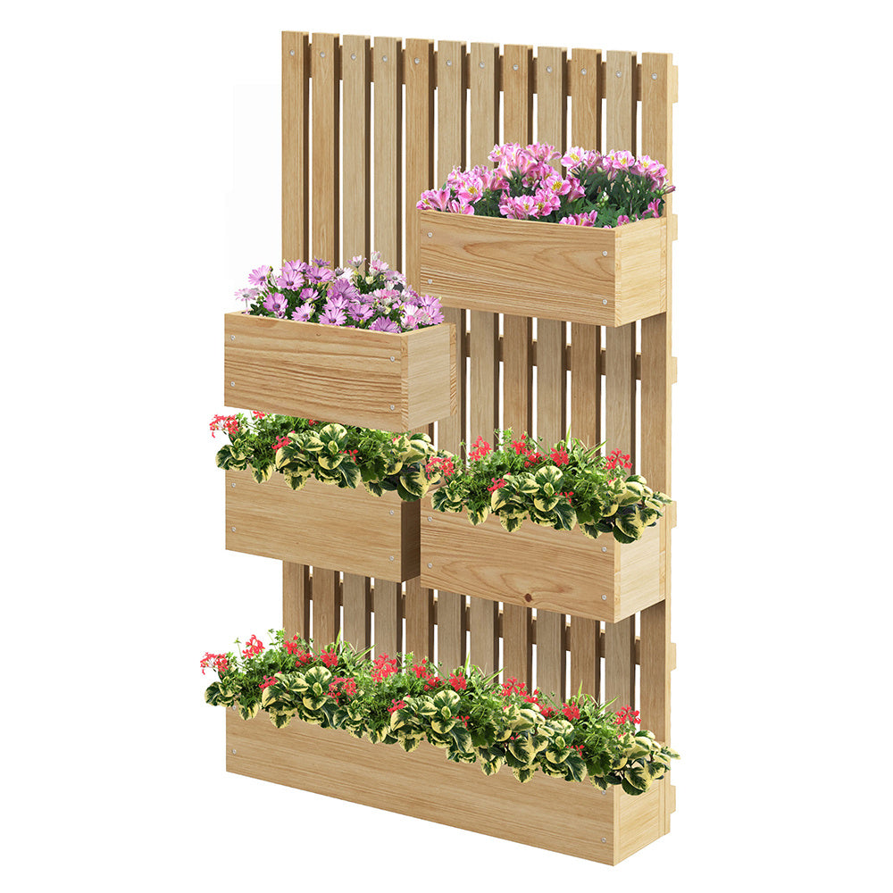 US Local 5 Box Raised Garden Bed Trellis For Climbing Plants, Wall-Mounted Wood Planters Drainage Holes, Natural