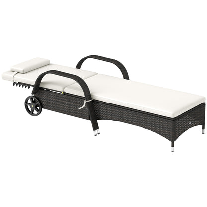 US Local Outdoor Chaise Lounge, 5-Level Adjustable Backrest Rattan Pool Lounge Chair With Wheels, Cushion & Headrest, Cream