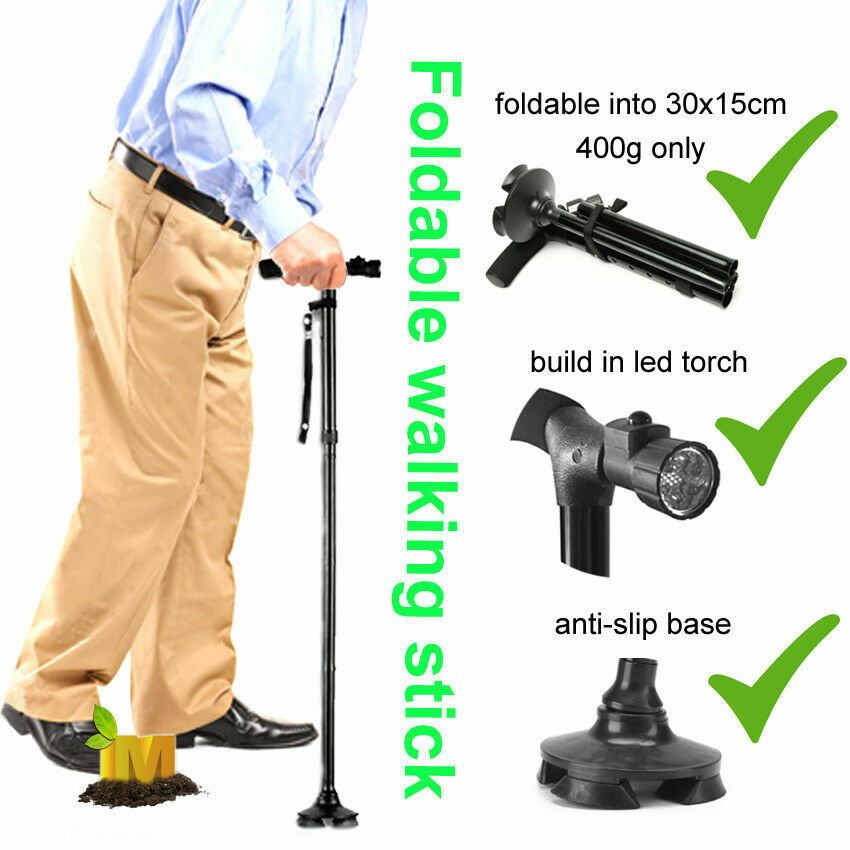UK Local Folding LCD Walking Stick Cane With Flashlight For Senior Aluminium Travel Hiking Cane Trekking Pole Crutch Handle Strap 5 Gears