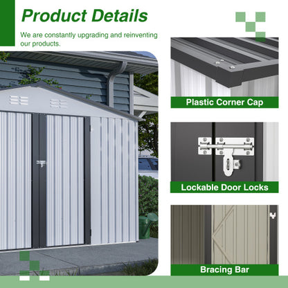 US Local 10X8 FT Outdoor Storage Shed, All Weather Metal Sheds With Lockable Doors, Tool Shed For Garden, Patio, Backyard, Lawn, Grey