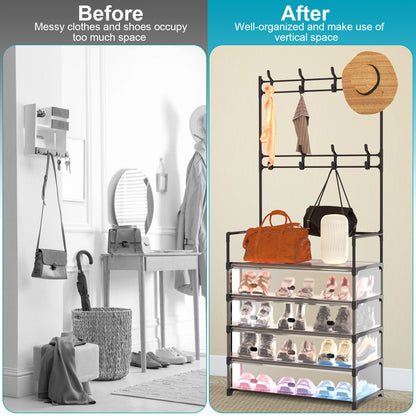 US Local 1Pc 5Tier Dustproof Entryway Hall Tree Coat Rack Shoe Rack With 8 Removable Hooks Freestanding Shoe Storage Shelf Hat Clothes Organizer For Front Door Bedroom Entryway