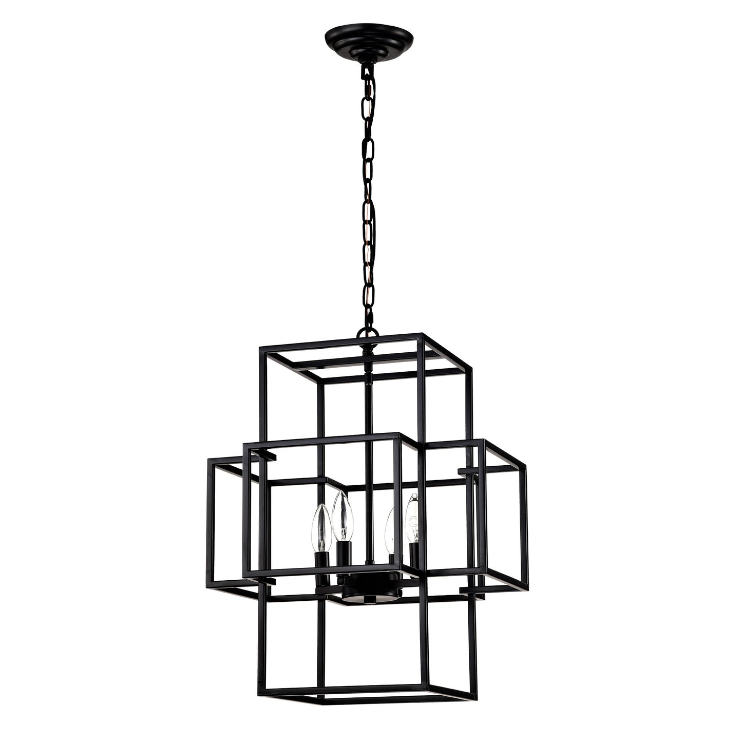 US Local 4-Light Metal Lantern Tiered Pendant Hanging Light Fixtures, Industrial Farmhouse Adjustable Height Chandeliers For Dining Room Hallway Foyer Entryway--Matte Black