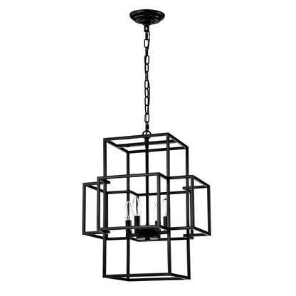 US Local 4-Light Metal Lantern Tiered Pendant Hanging Light Fixtures, Industrial Farmhouse Adjustable Height Chandeliers For Dining Room Hallway Foyer Entryway--Matte Black