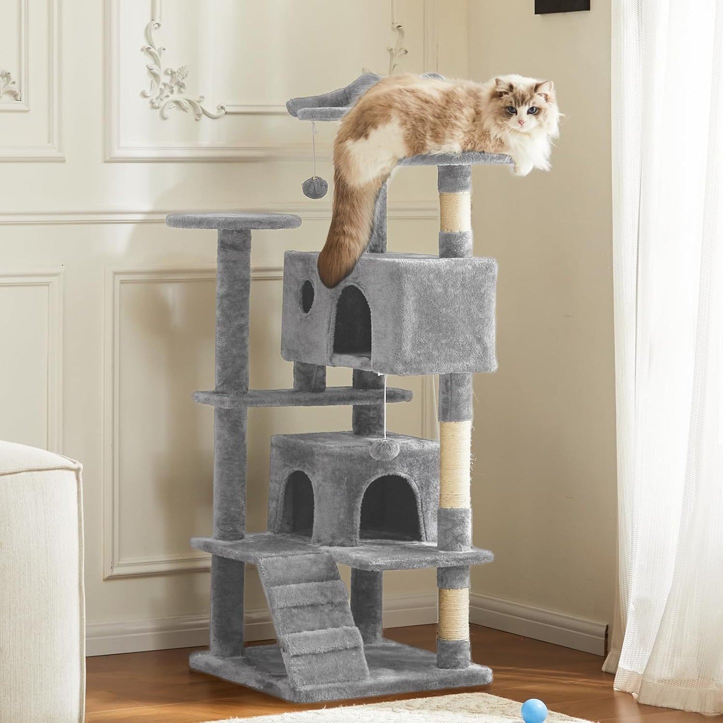 US Local 54 -Cat Tree Tower - Multi-level With Sisal Grab Post, Indoor Apartment With Ladder, Plush Toys, Rest And Play