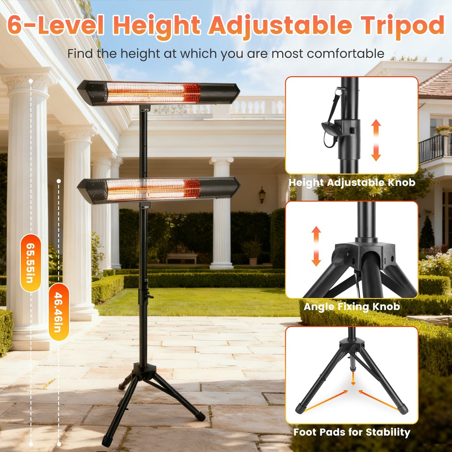 US Local 1500W Infrared Heater With Stand Electric Outdoor Patio Heater IP65 Waterproof Tripod Wall Mount With 2 Remotes 3 Heating Levels For Home Restaurant Yard Office Garage