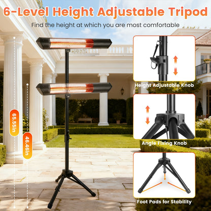 US Local 1500W Infrared Heater With Stand Electric Outdoor Patio Heater IP65 Waterproof Tripod Wall Mount With 2 Remotes 3 Heating Levels For Home Restaurant Yard Office Garage
