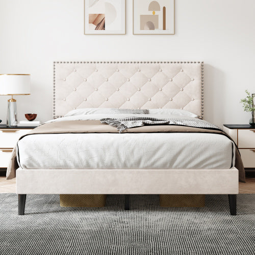 UK Local 4ft6 Double Upholstered Velvet Bed Frame, With Adjustable Button-Tufted  Riveted Headboard, Velvet Platform Bed Frame With Solid Wood Slat And Mute Foam, No Box Spring Needed, Easy Assembly, Beige
