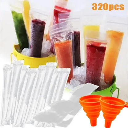 US Local 320 Pcs Disposable Beverage Packaging Bag Ice Popsicle Mold Bags With 2 Pcs Orange Funnels DIY Ice Lolly Bags BPA Free Freezer Tubes With Zip Seals For Summer Halloween Birthday Party