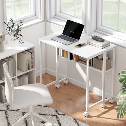US Local Folding Computer Desk, Foldable Desk With Storage Bag, Shelf And Wheels For Small Spaces, Home Office, White