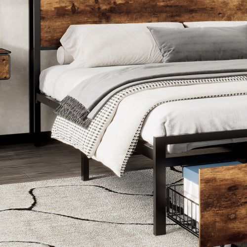 UK Local Metal Bed, 3FT Single Bed 90x190cm, With LED Light Strip And Drawer, 2 USB Port  1 Type C, Durable And Sturdy, Youth Bed, For Adults  Teenagers, Multifunctional Bed, Wrought Iron Bed, Black Walnut
