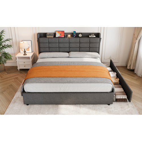 UK Local 5ft King Bed Frame With Hydraulic Storage, Linen Upholstered Bed With Concealed Headboard Storage And Drawers, Button Tufted Headboard With Charging Station And LED Night Light, Grey