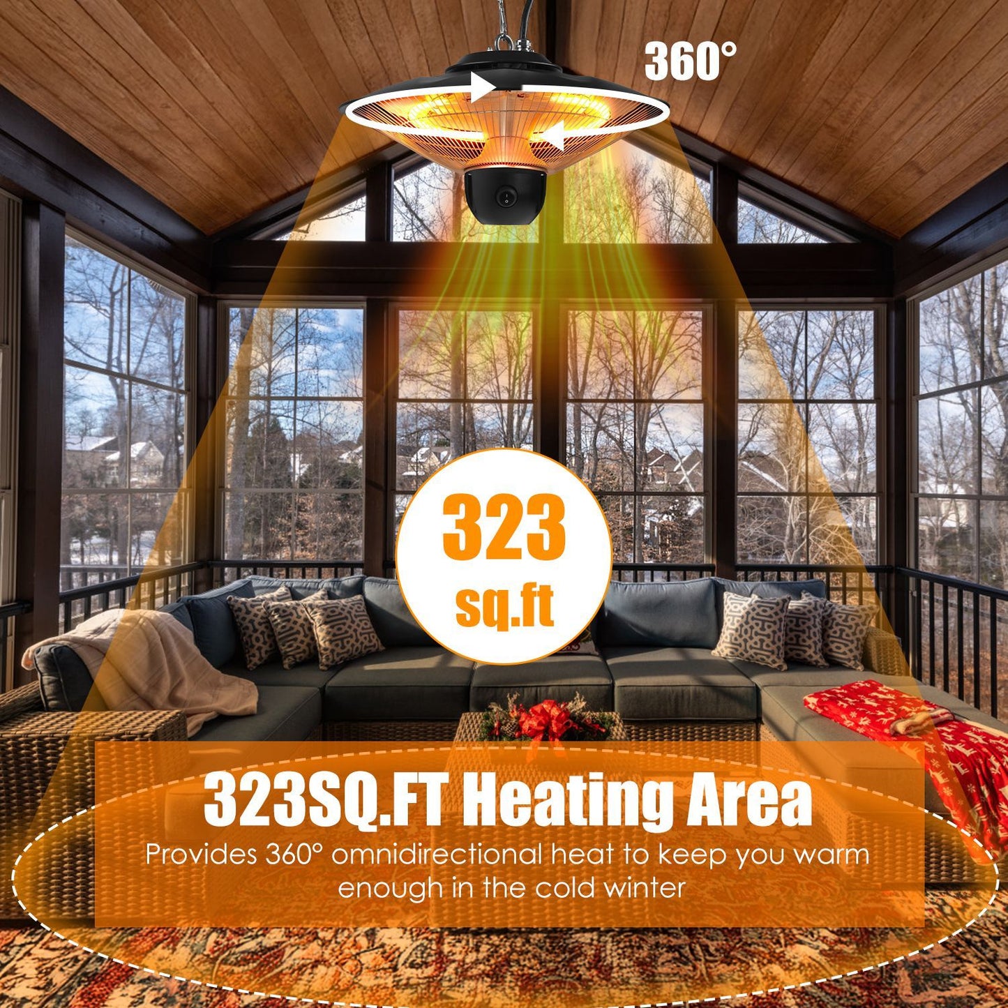US Local 1500W Outdoor Patio Heater Electric Hanging Heated Ceiling Mounted Heating Lamp IP23 Waterproof With 3 Heating Levels 30Mins 60Mins Timer 2 Remote Control For Garage Balcony Courtyard