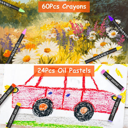 US Local 140Pcs Art Supplies With Colored Pencils Oil Pastels Crayons, Watercolor Cakes Brushes Sharpener Eraser In Elegant Wooden Box Professional Art Kit For Kids Adults Beginners Pros