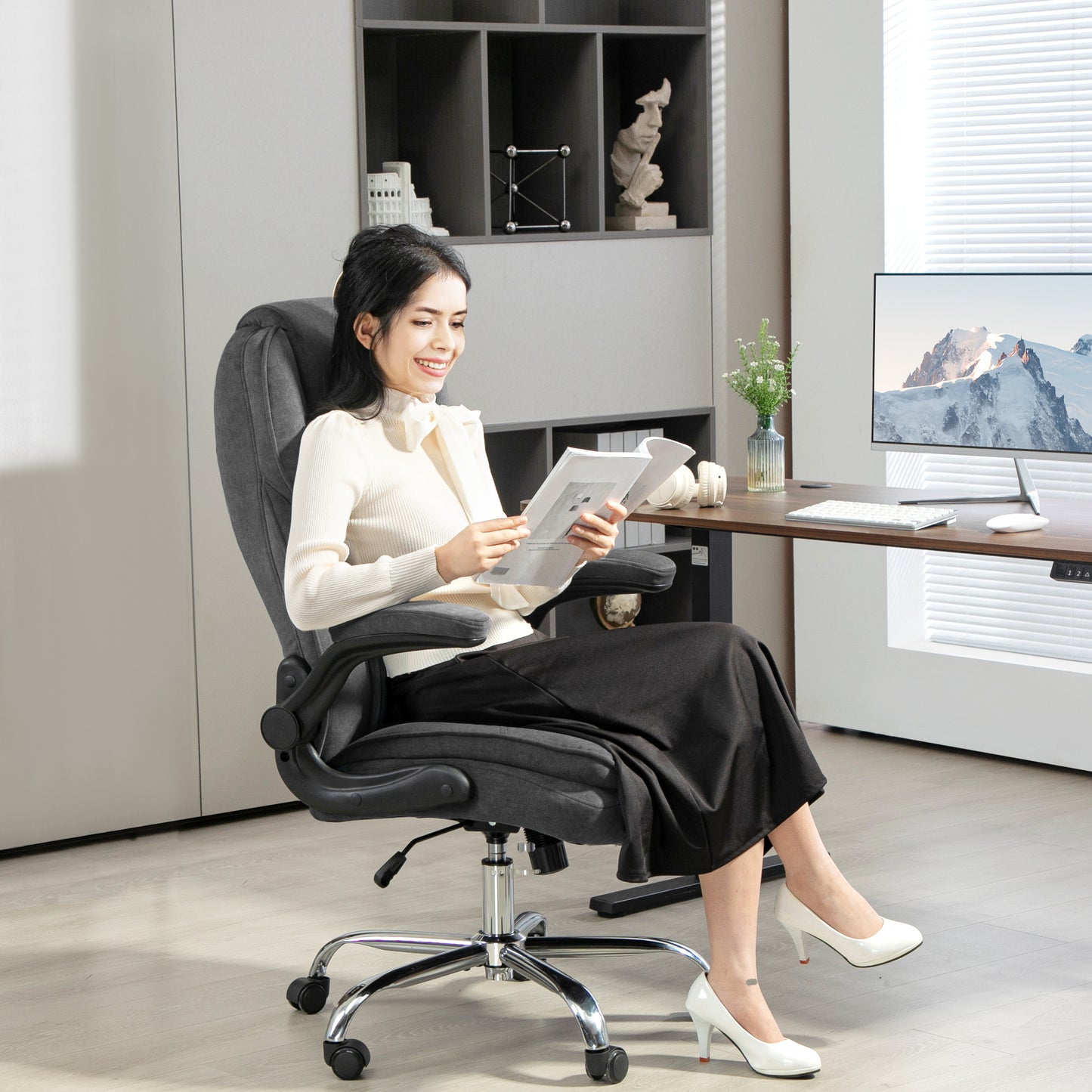 Executive Office Chair, Desk Chair With Flip-up Armrest, Diamond Fabric Computer Chair For Home Office, Charcoal Gray