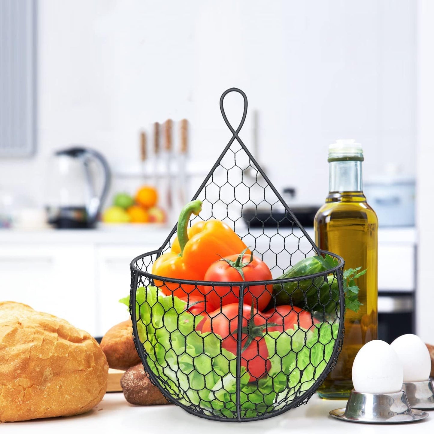 Set Of 3Metal Fruit And Vegetable Storage Hanging Basket Wall Mounted, Hanging Basket For Kitchen Black Wire Baskets For Flowers, Fruits And Veggies
