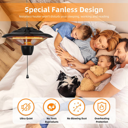 US Local 1Pc 1500W Outdoor Hanging Patio Heater Ultra-Quiet Electric Heating Lamp IP23 Waterproof 2 Heating Levels Overheating Protection Ceiling Mounted Outdoor Heater