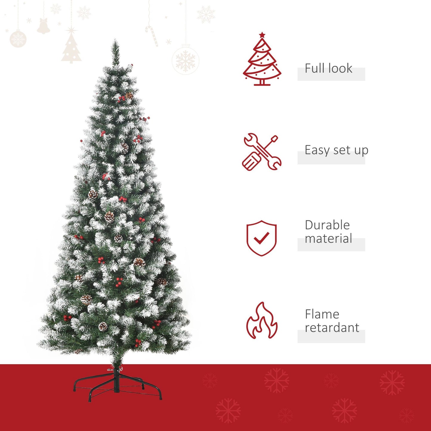 CA Local 6 ft Decorated Christmas Tree With Red Berries And Pine Cones, Flocked Christmas Tree With Pencil Shape, Green