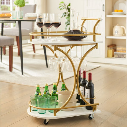 US Local 2-Tier Bar Cart,Gold Wine Cart With Wine Rack & Glass Holder,Mobile Bar Serving Cart,for Party,Home,Rolling Drink Trolley For Living Room